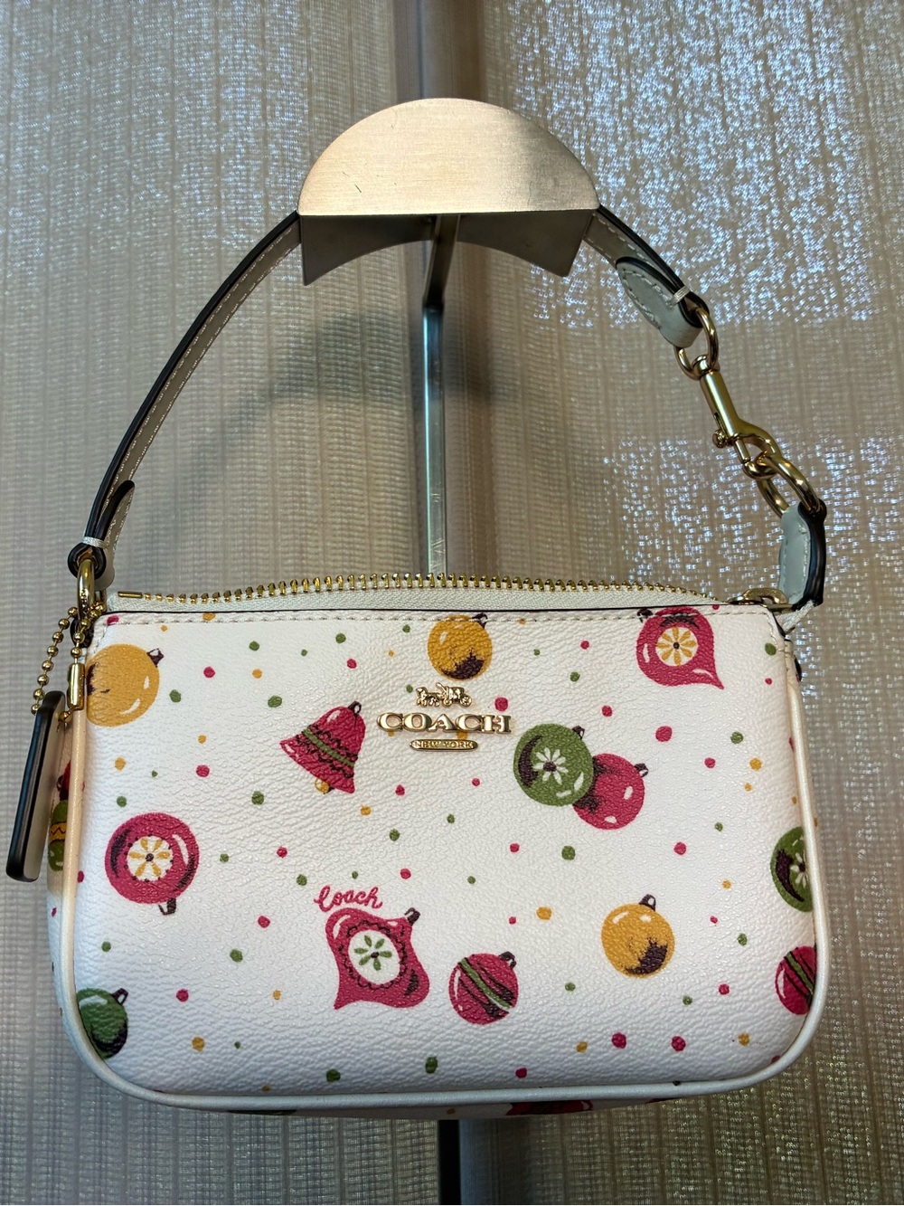 Coach White Holiday Ornament Print Wristlet with Pink, Green & Gold Accents NWT